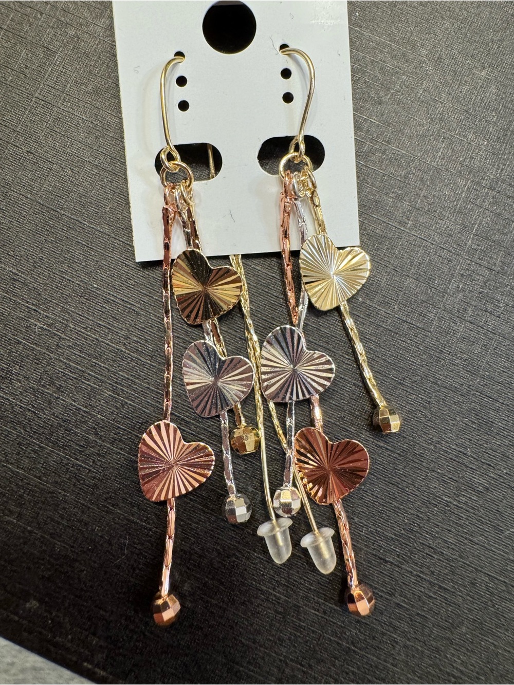 Tri-Tone Heart Drop Earrings - Elegant Women's Jewelry